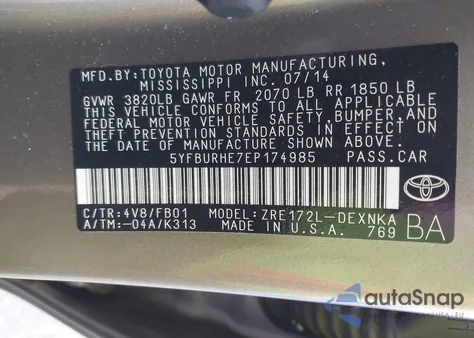 2014 Toyota Corolla Le z USA, uszkodzony, nr VIN 5YFBURHE7EP174985